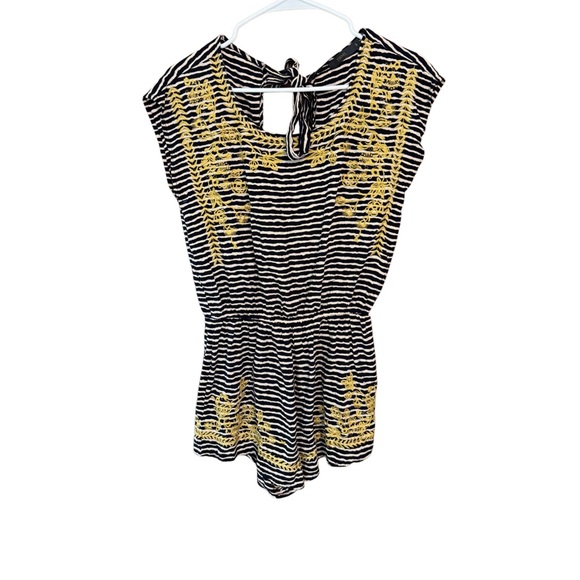 Women’s Navy White Striped Embroidered Romper | Yellow Floral Detail | Boho - Picture 2 of 3